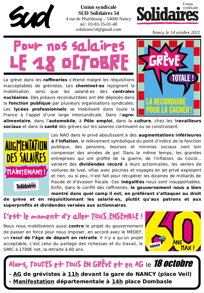 Pour nos salaires le 18 octobre